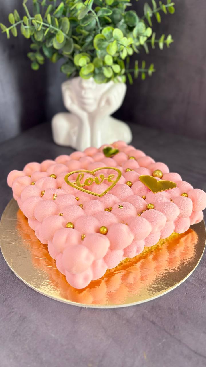 Pink bubble textured Love cake with gold hearts