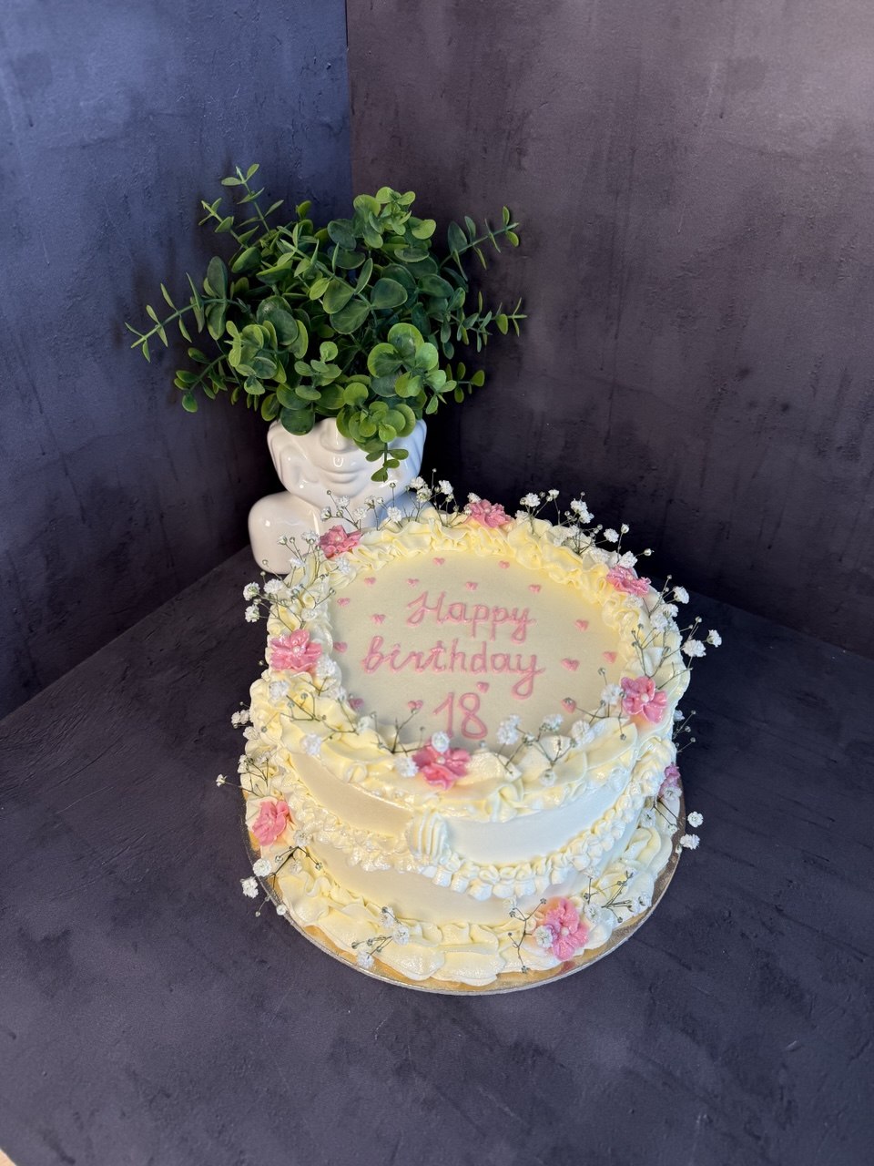 18th birthday cream cake with pink flowers