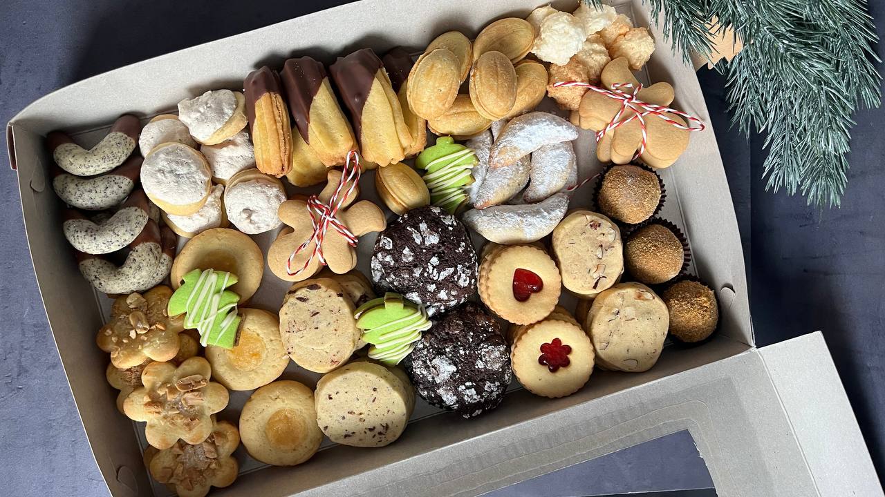 Christmas cookies mix box with vanilla crescents linzer and gingerbread