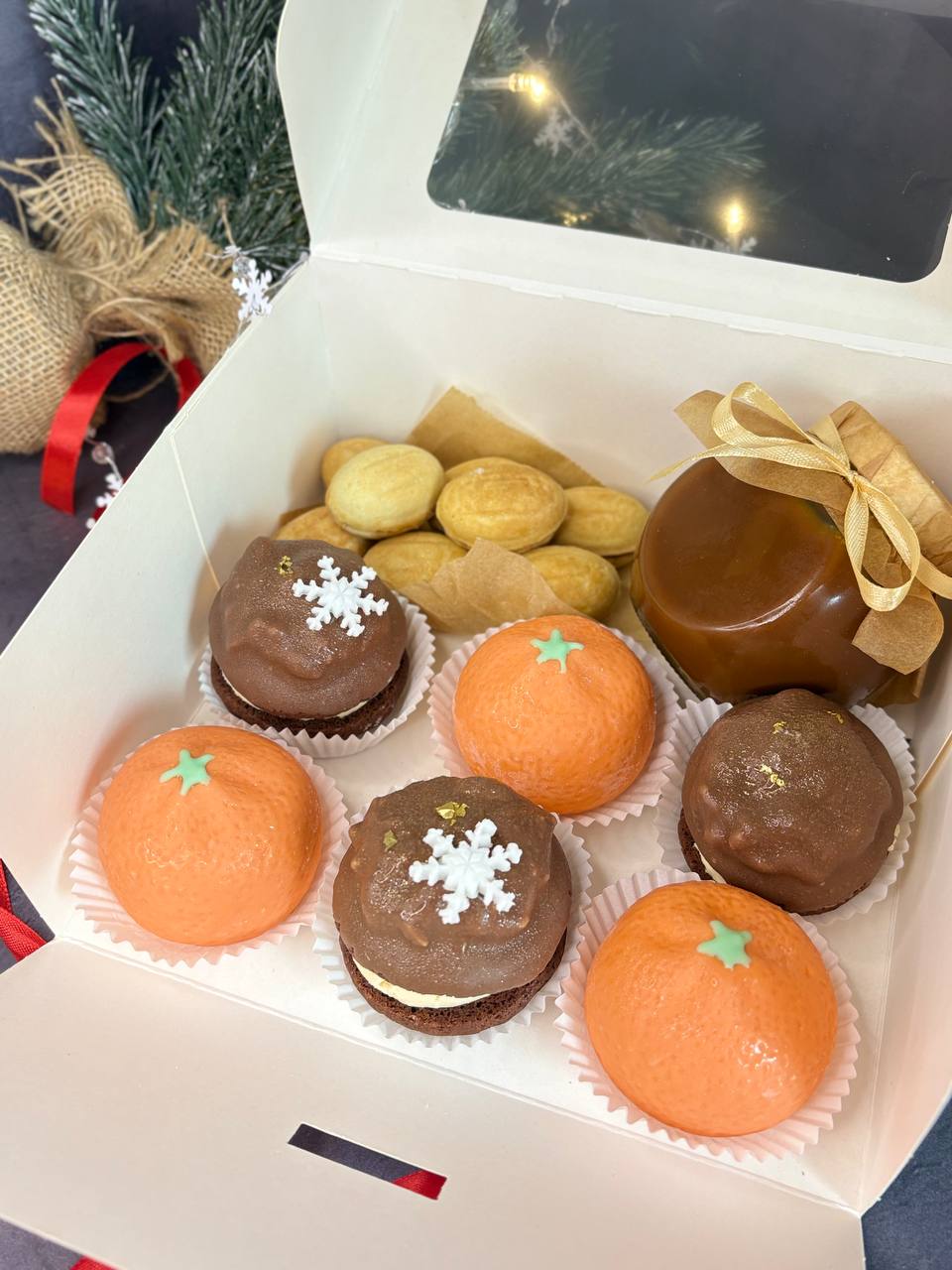 Christmas dessert mix box with mandarin mousse, oreshki and truffles