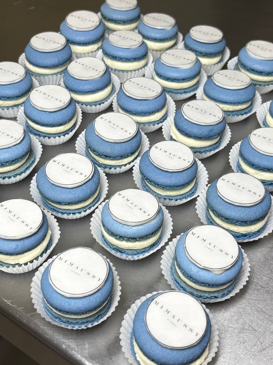 Blue Mimaussy Paris branded macarons for a corporate event
